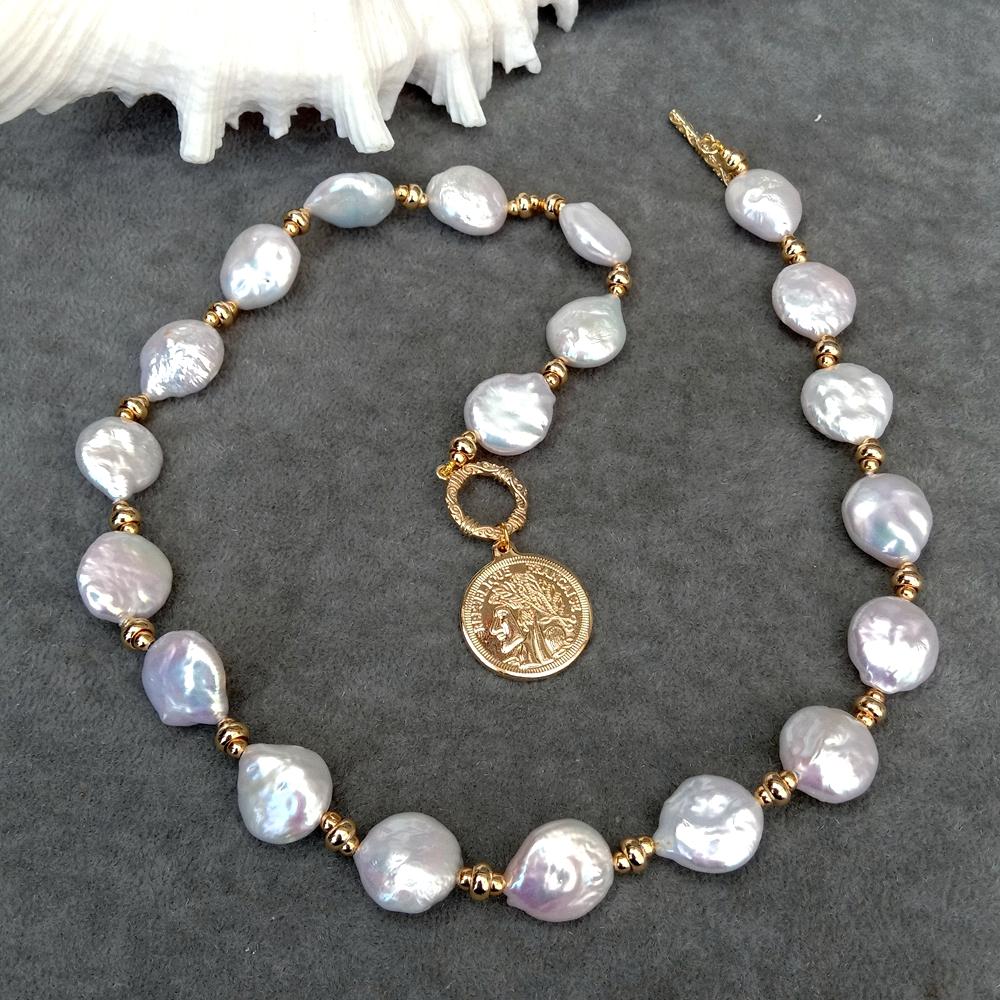 Baroque Pearl Pendant Necklace Gold - YYGEM 14x17mm Natural Freshwater White Coin