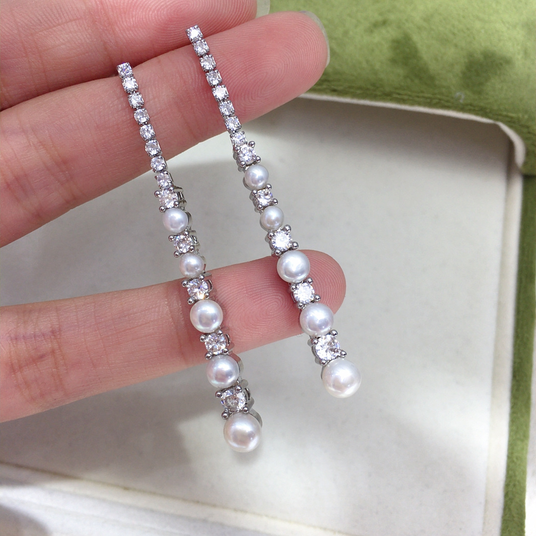 Akoya Pearl Stud Earrings Sterling Silver - Elegant Long Earring Women Natural 3-6mm