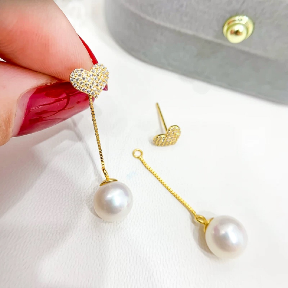 Akoya Pearl Stud Earrings Sterling Silver - Split two-piece AAAA8-9mm fashionable heart ear