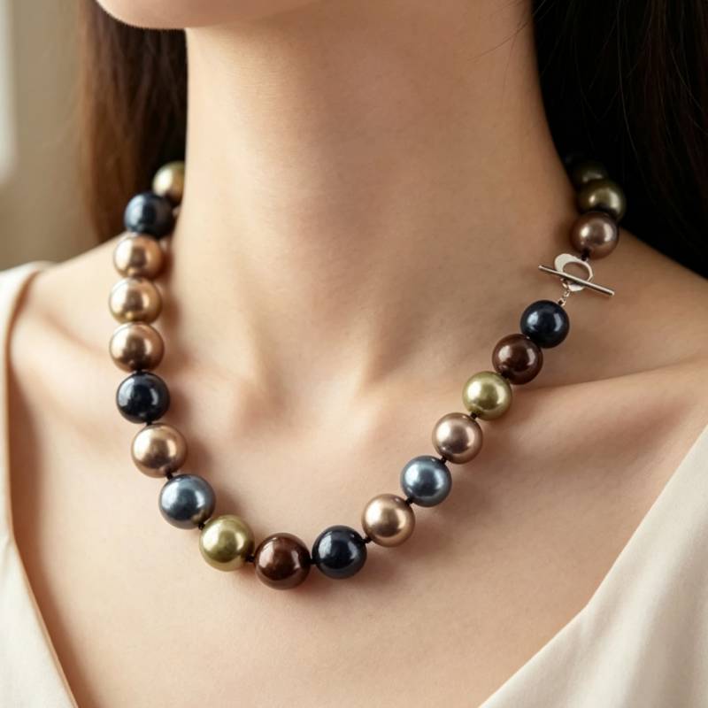 Mother Of Pearl Shell Pendant Necklace - Huge 12mm Multicolor Round South Sea