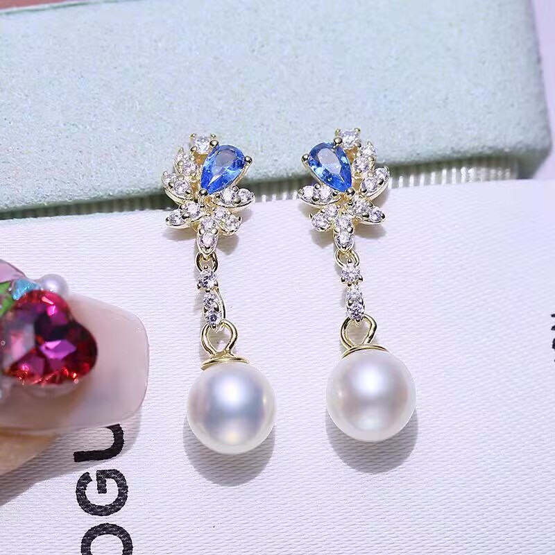 Akoya Pearl Stud Earrings Sterling Silver - Long Pearl Earrings AAAA 9-10mm 10-11mm