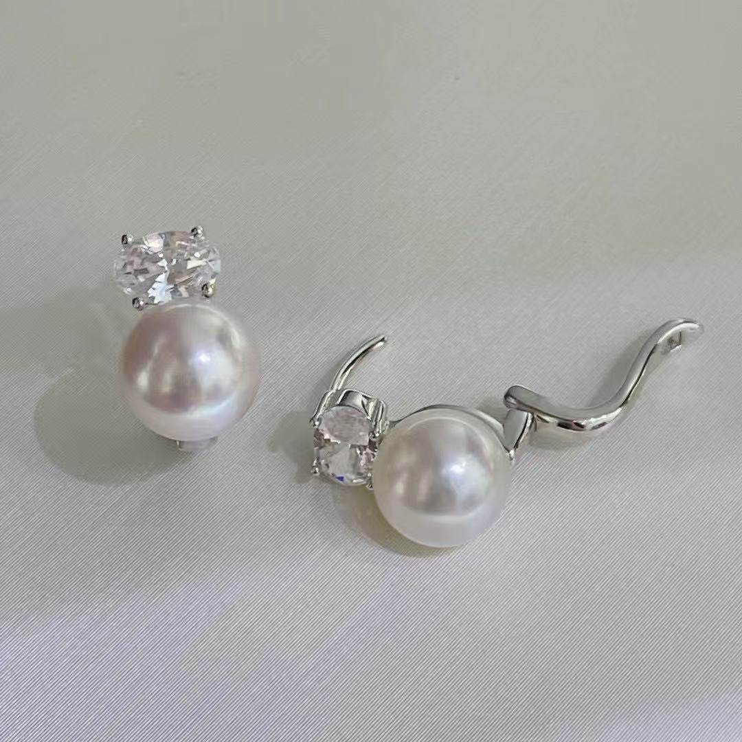 Fashionable New Oval Zircon AA - Akoya Pearl Stud Earrings Sterling Silver recension och pris