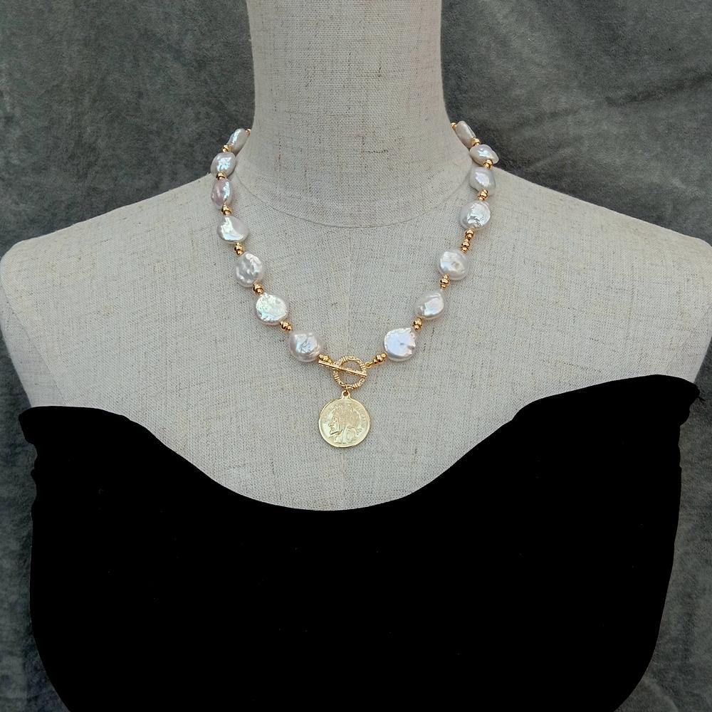 YYGEM 14x17mm Natural Freshwat - Baroque Pearl Pendant Necklace Gold recension och pris