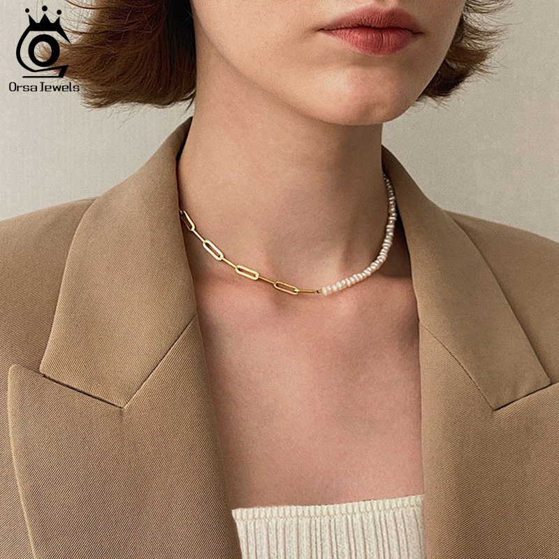 ORSA JEWELS Half Pearl Chain C - Baroque Pearl Pendant Necklace Gold recension och pris