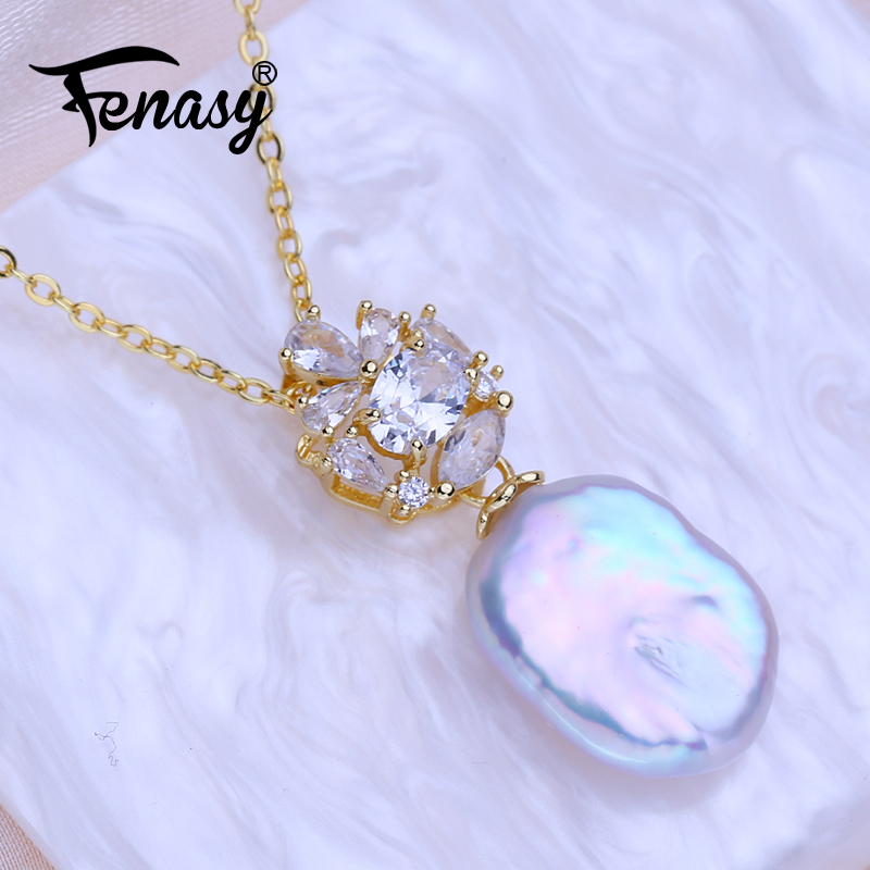 FENASY Natural Freshwater Big  - Baroque Pearl Pendant Necklace Gold recension och pris
